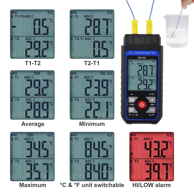 DANOPLUS Thermocouple Thermometer Digital K Type Thermometer with 4 Thermocouples, -328~2500℉ Measuring Range HVAC Dual Channels Temperature Meter Gauge with LED Backlight & ADJ Compensation - Image 5